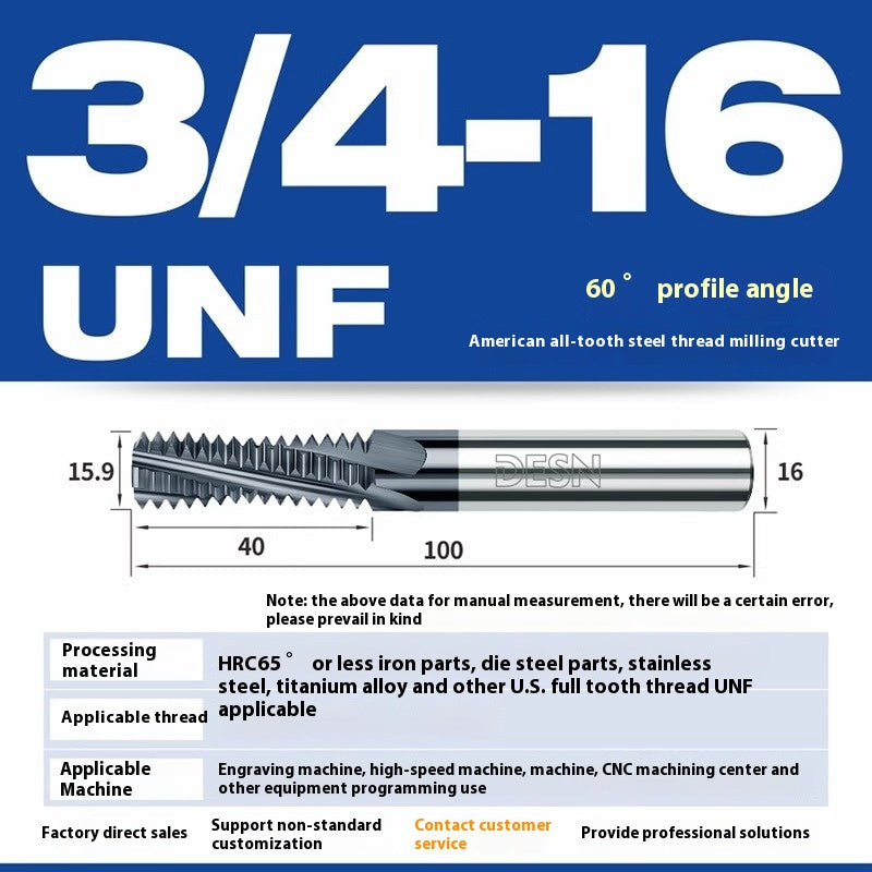 1115-65° high hard tungsten carbide thread milling cutter Long tooth full tooth alloy American thread milling cutter UNC UNF aluminum stainless steel Shandong Denso Pricision Tools Co.,Ltd.